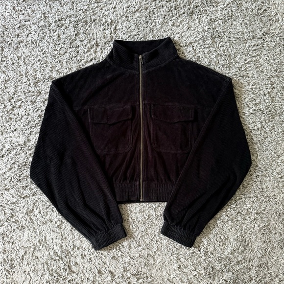 Aerie - Cropped Corduroy Black Zip-up Jacket - Picture 1 of 5